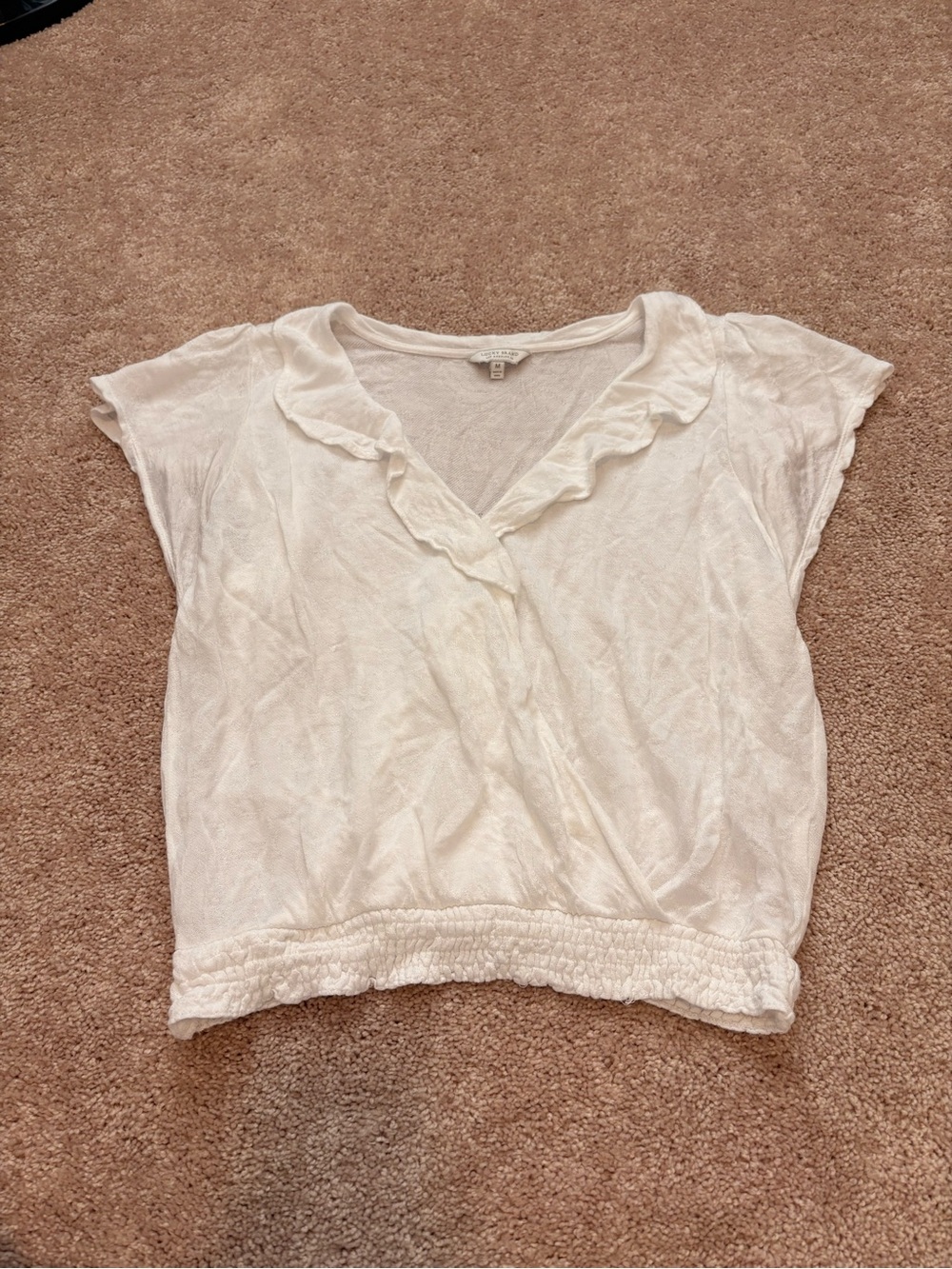 Lucky Brand Cream Ruffle V-Neck Short Sleeve Top